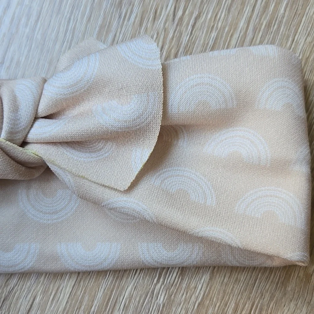 Retro Rainbow Knotted Headband Neutral Boho Beige Hair Wrap Soft Stretch Top